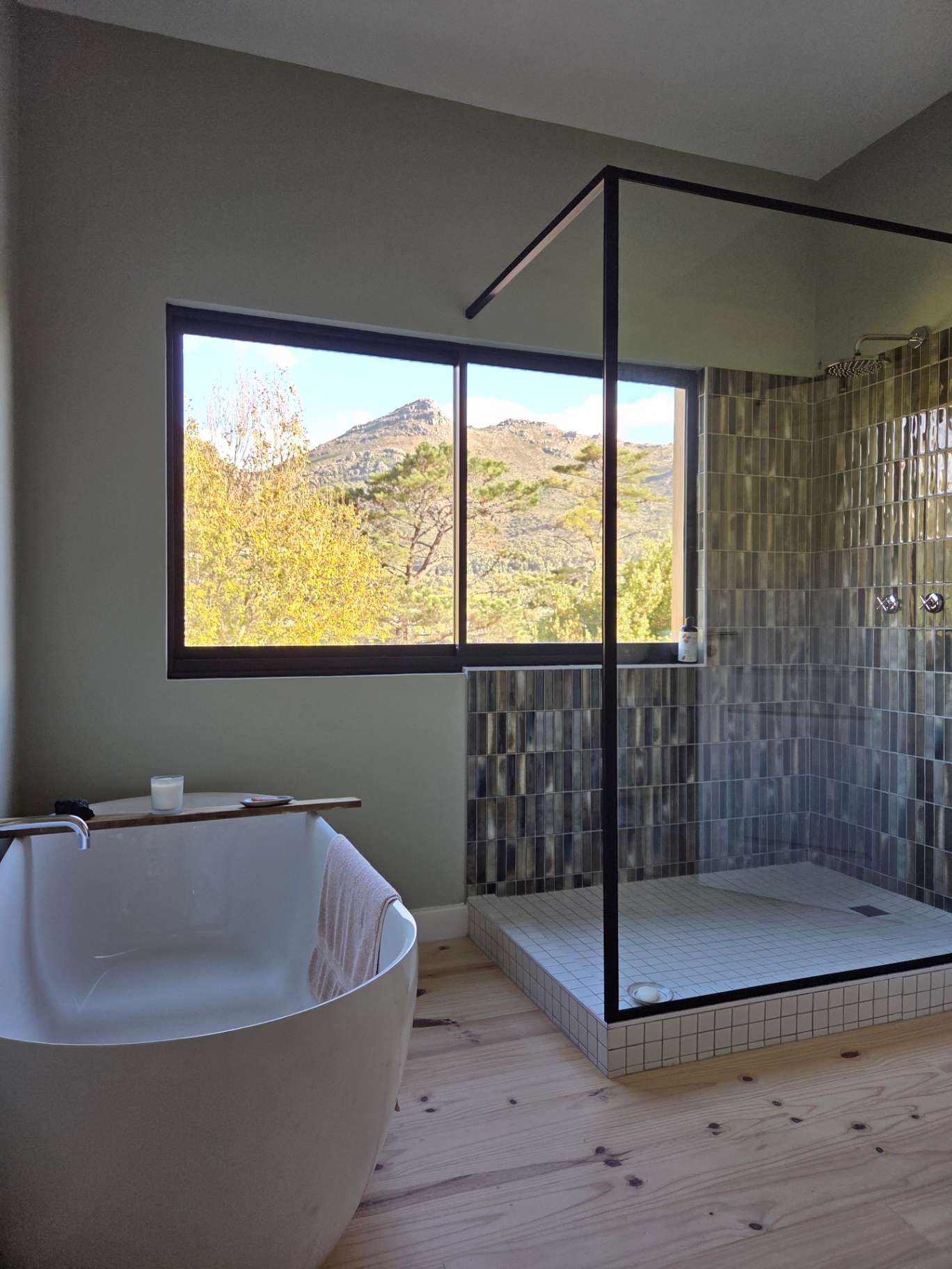 Tiled shower with mountain view